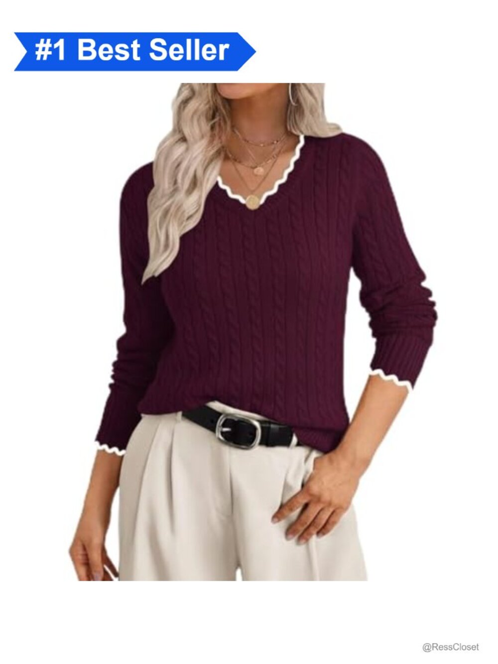 Womens Cable Knit V-Neck Sweater Long Sleeve Lightweight Pullover